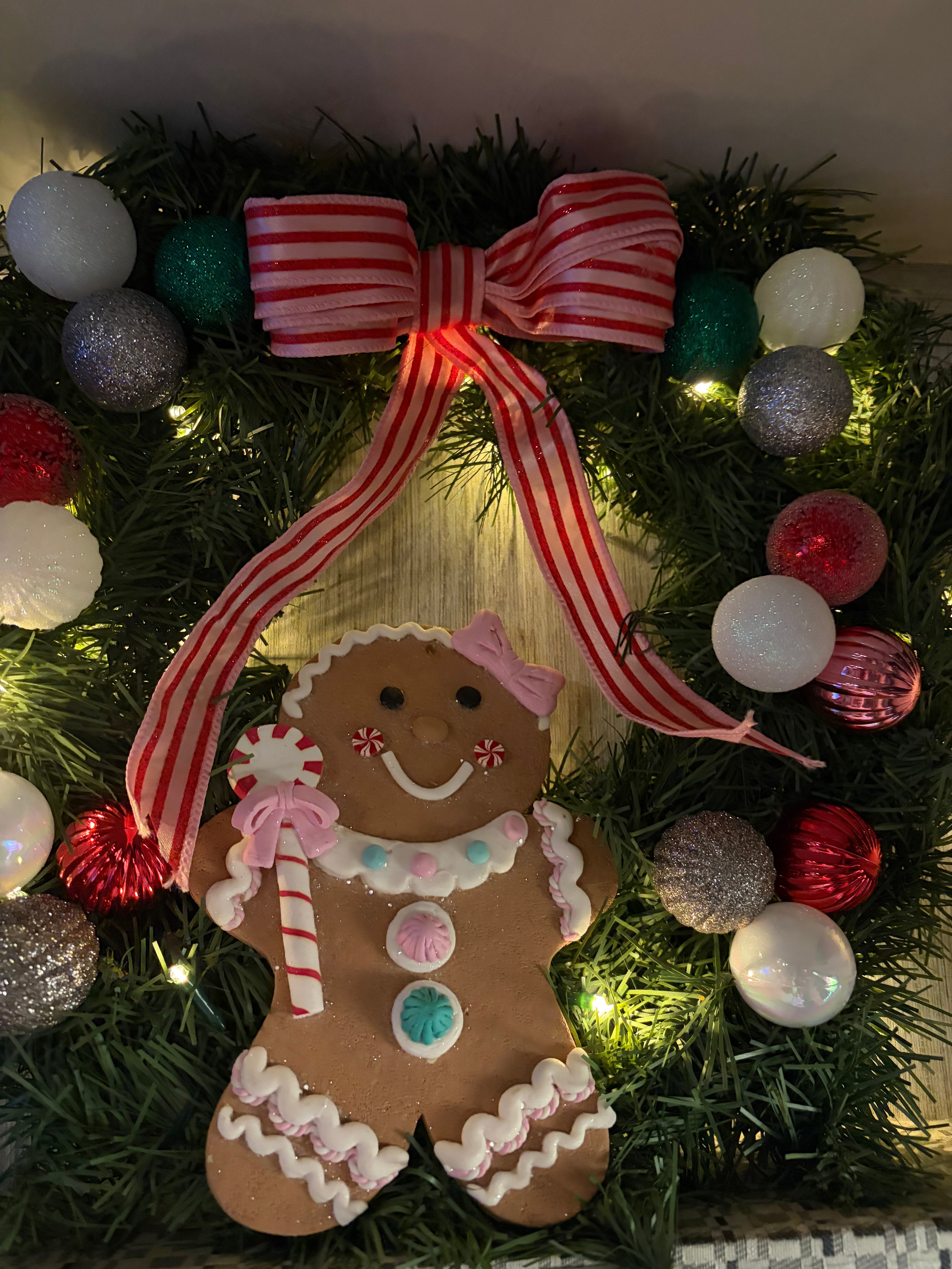 Whimsical Gingerbread Christmas Wreath with Warm LED Lights